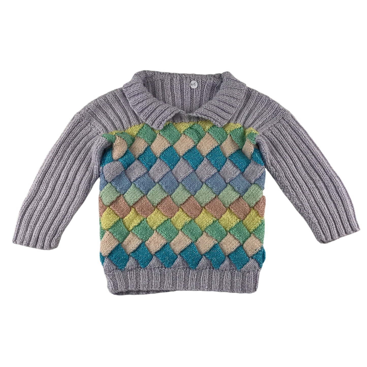 Handknitted jumper 4-5 years lilac and multicolour diamond pattern