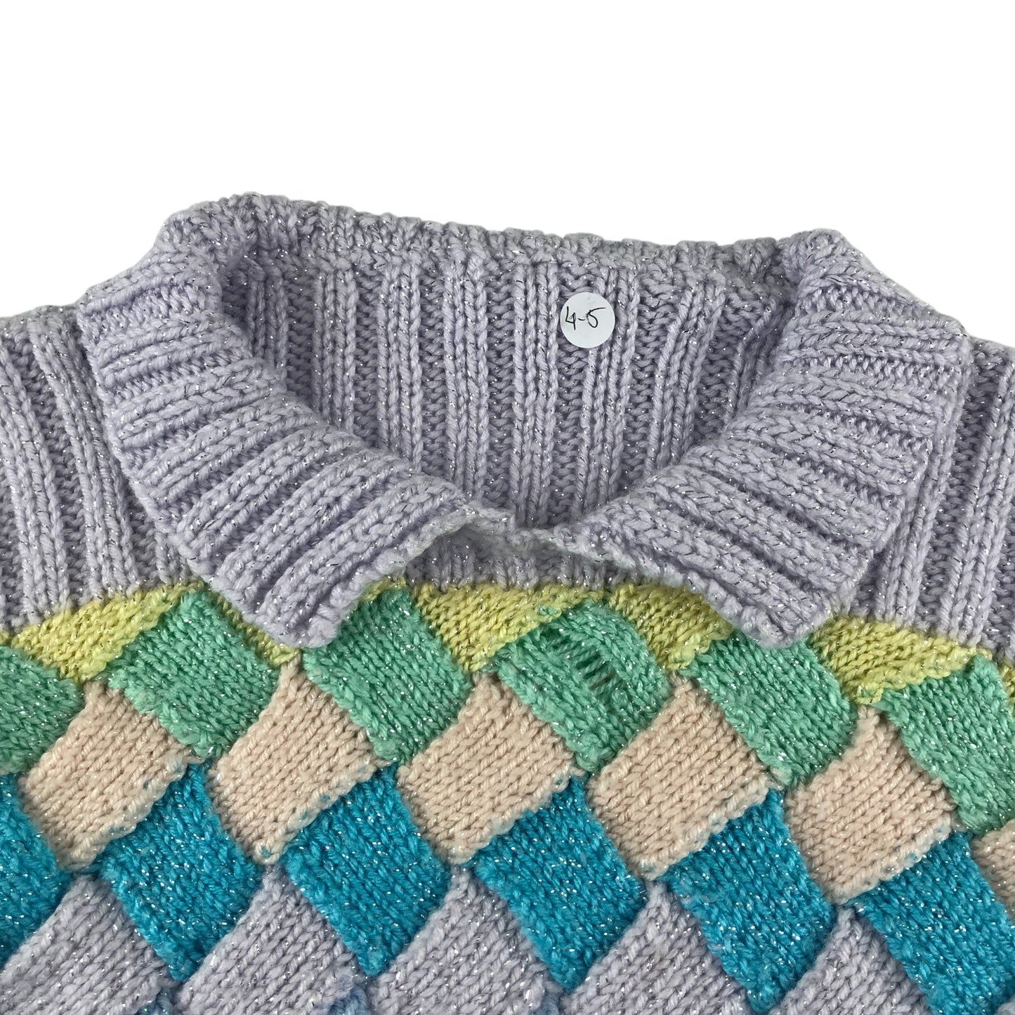 Handknitted jumper 4-5 years lilac and multicolour diamond pattern