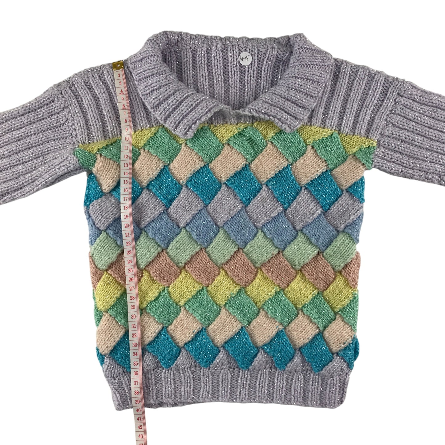 Handknitted jumper 4-5 years lilac and multicolour diamond pattern