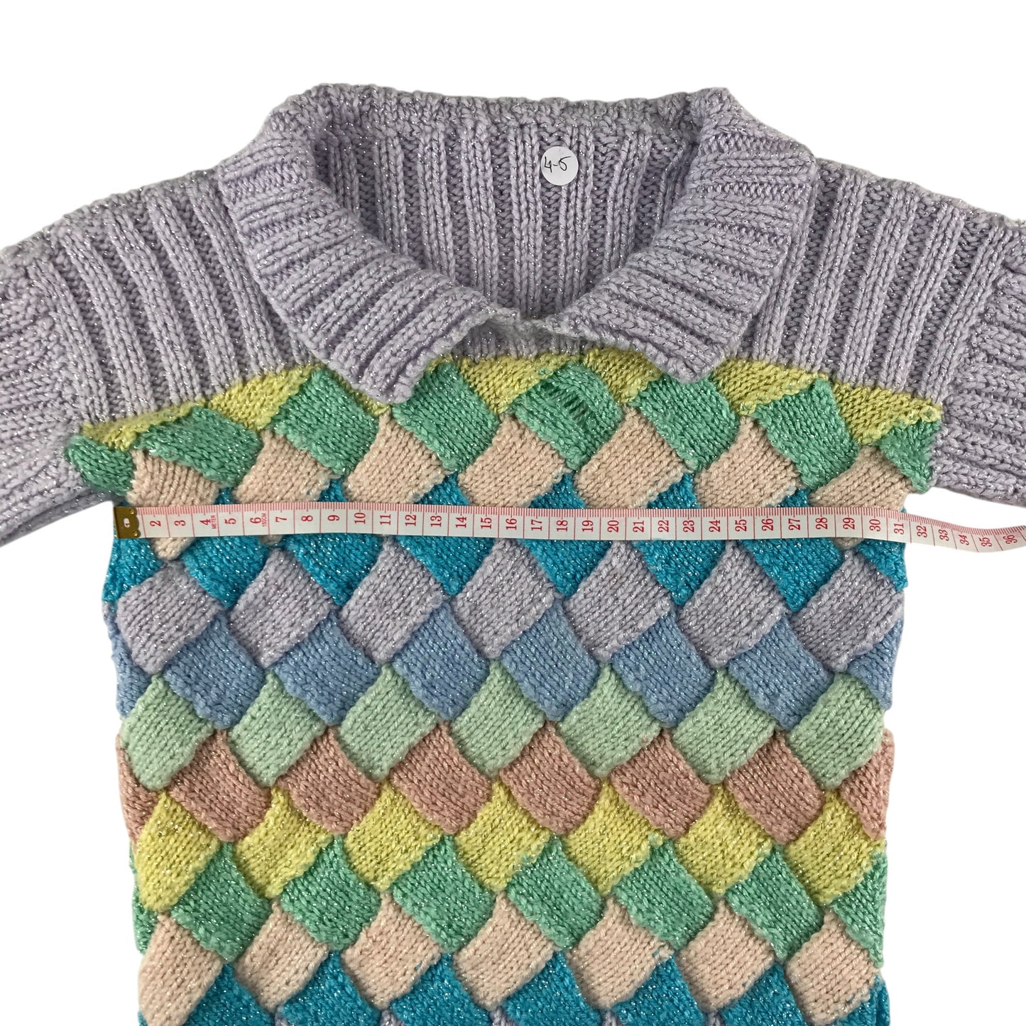 Handknitted jumper 4-5 years lilac and multicolour diamond pattern