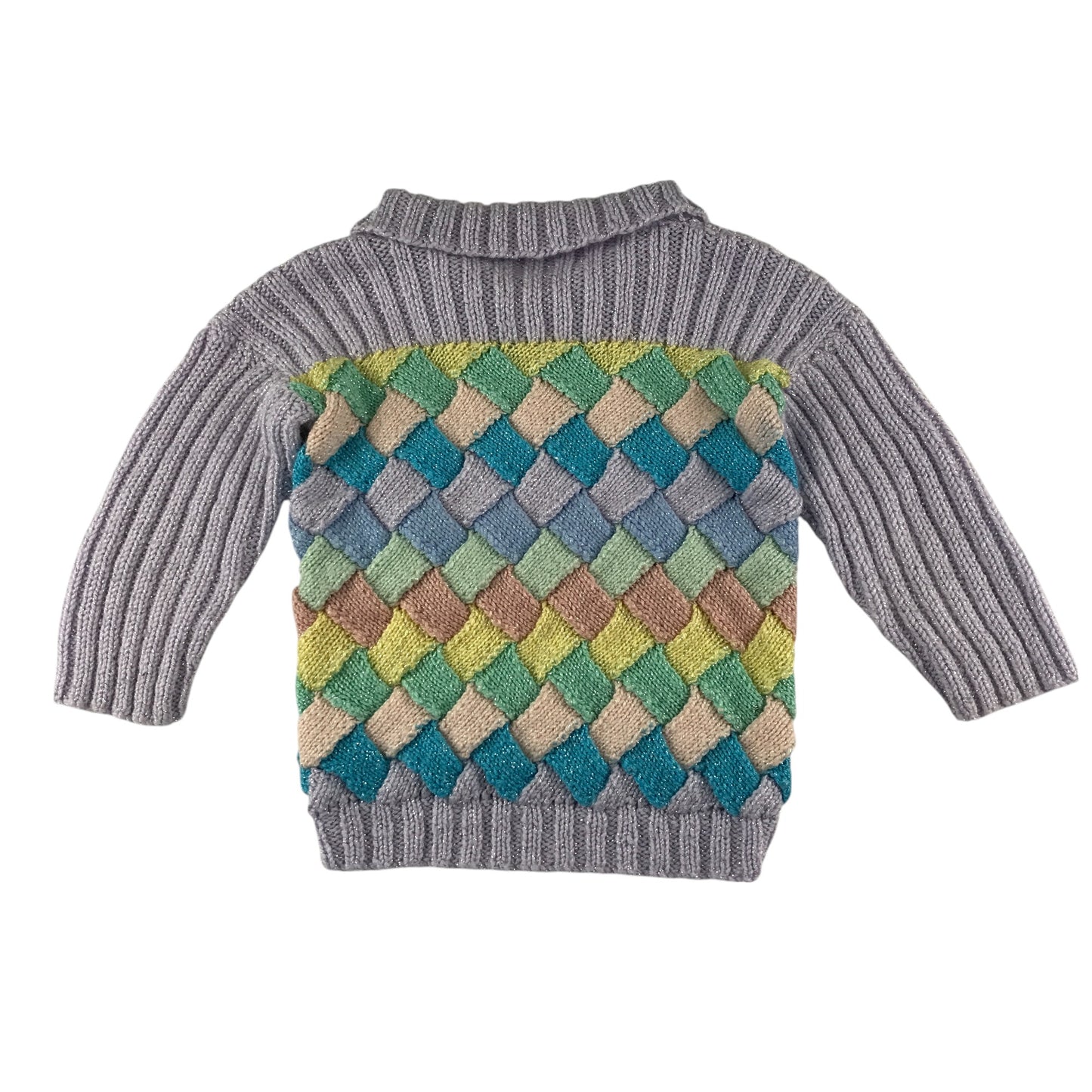 Handknitted jumper 4-5 years lilac and multicolour diamond pattern