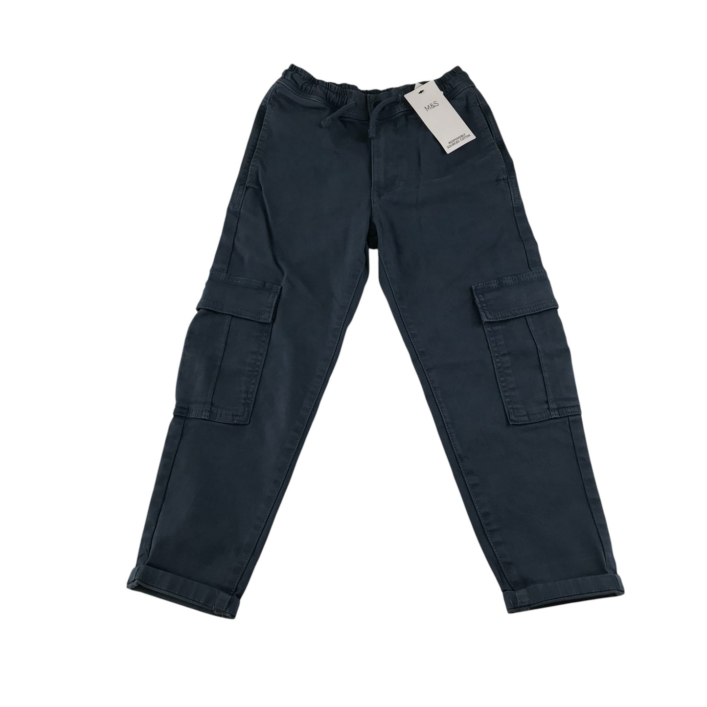 M&S trousers 6-7 years navy plain elasticated waist cargo style