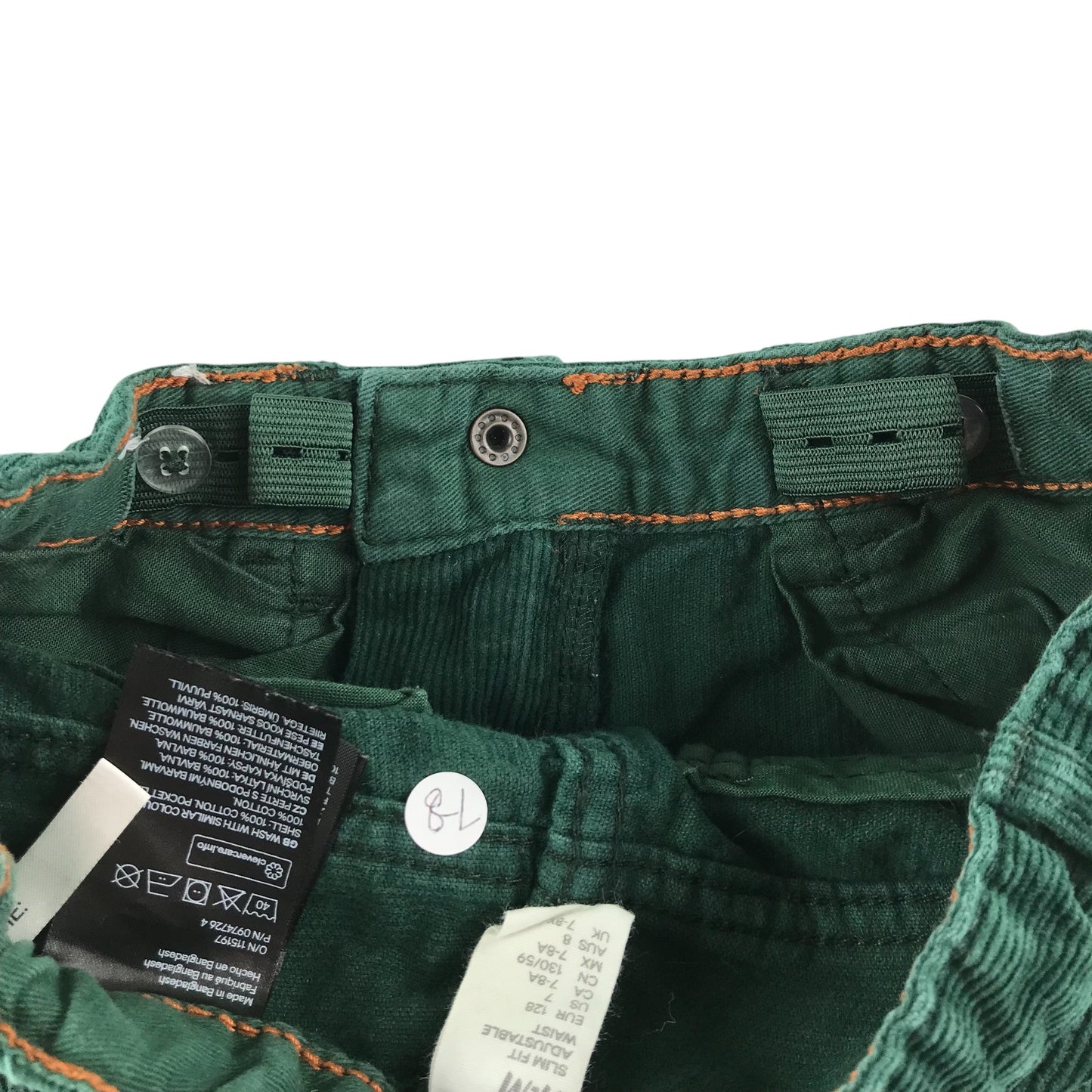 H&M trousers 7-8 years khaki green slim fit adjustable waist corduroy cotton