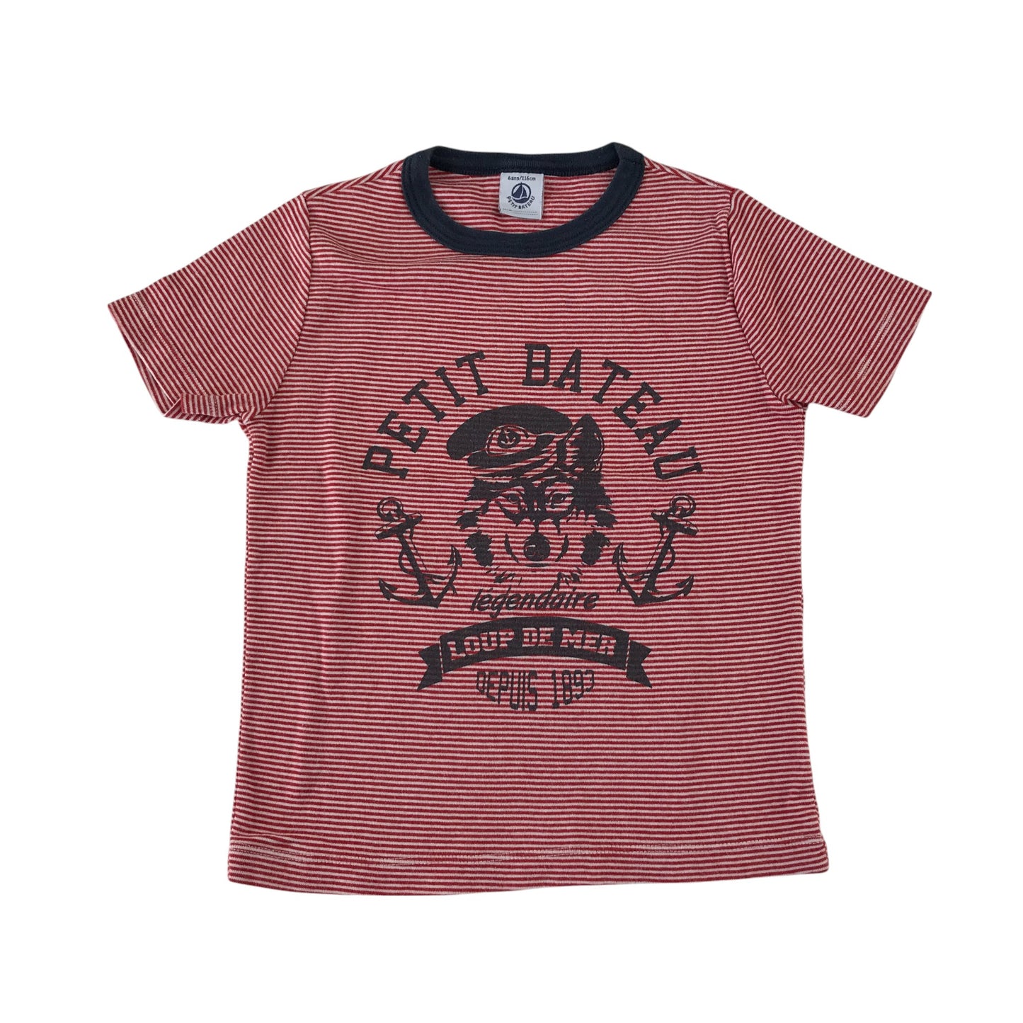 Petit Bateau t-shirt 5-6 years red and white stripy with graphic design cotton