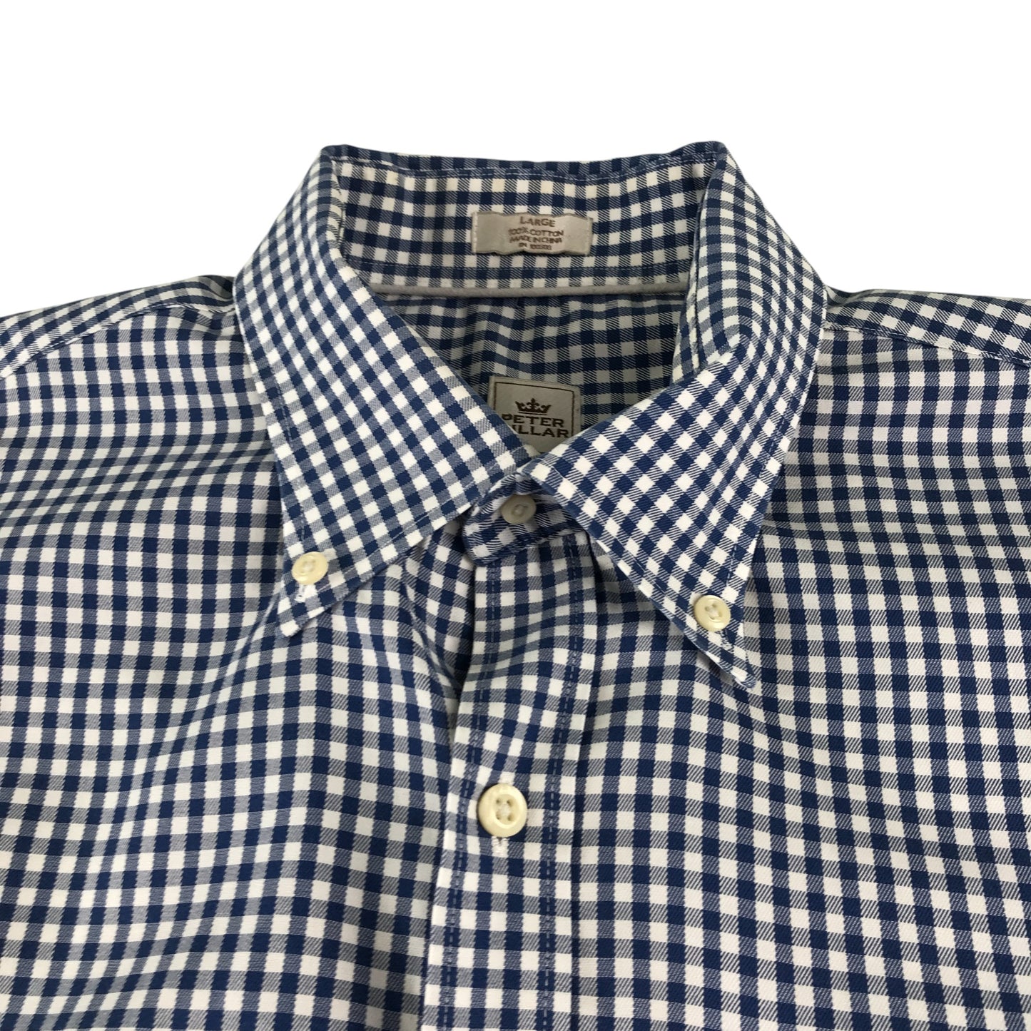 Peter Millar shirt men's L blue and white checked button up long sleeve cotton