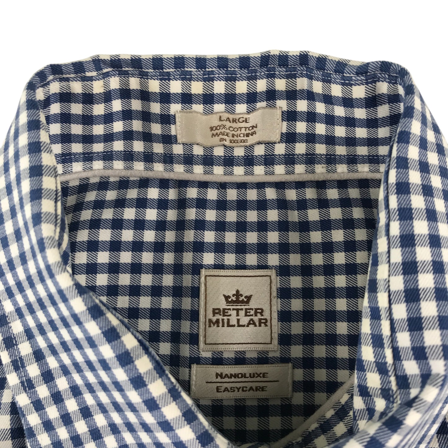 Peter Millar shirt men's L blue and white checked button up long sleeve cotton
