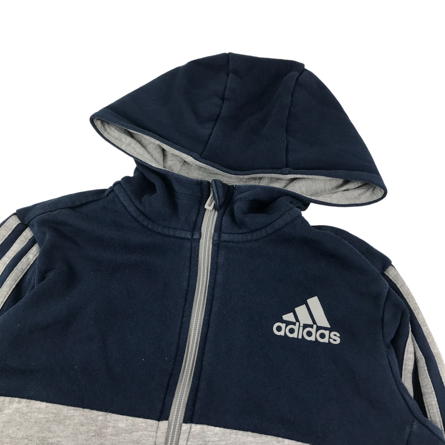 Adidas Hoodie Age 11 Navy Grey Panelled Logo Pullover