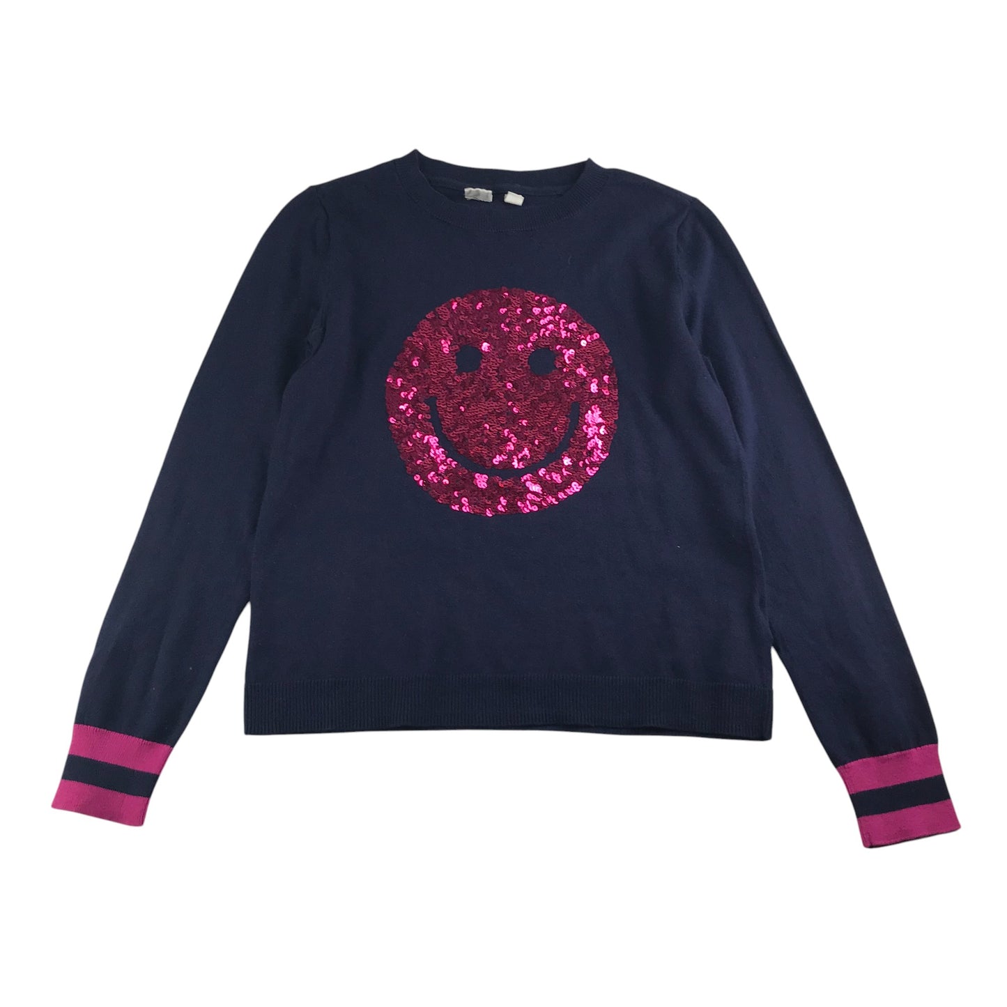 GAP jumper 12-13 years navy blue pink sequin smiley face cotton