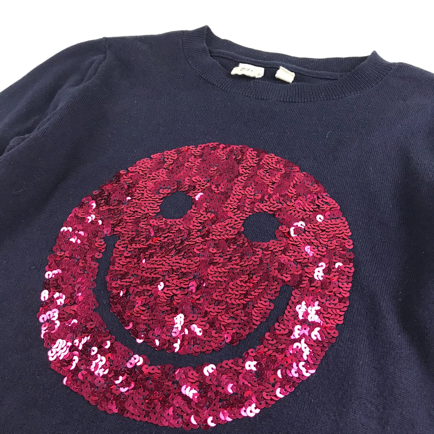 GAP jumper 12-13 years navy blue pink sequin smiley face cotton