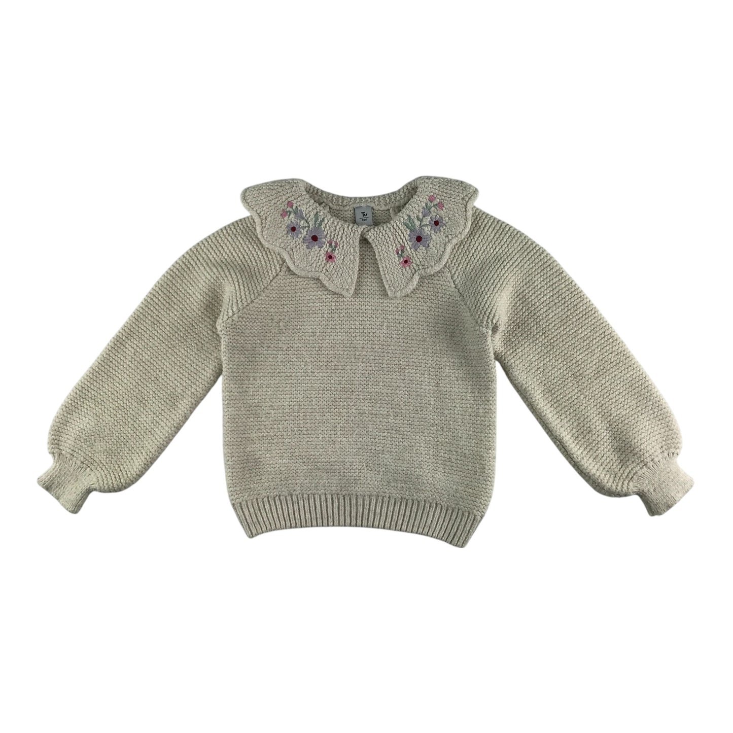 Tu sweater 6-7 years white scalloped collar with floral embroidery