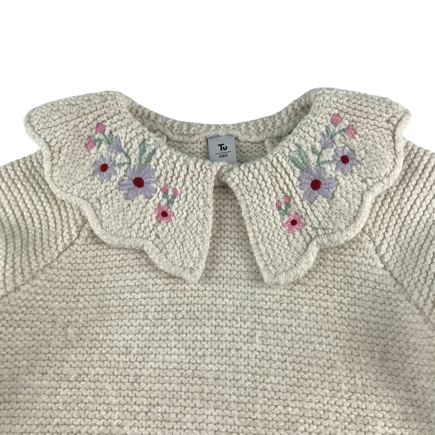 Tu sweater 6-7 years white scalloped collar with floral embroidery