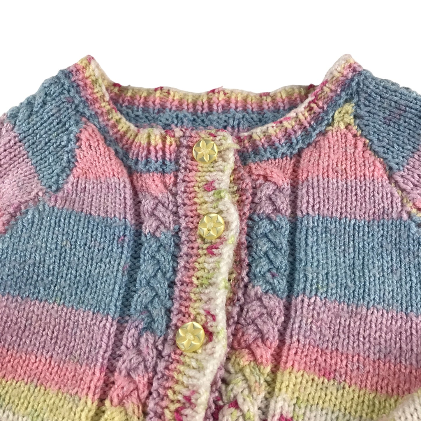 Handknitted cardigan 7-8 years yellow pink and blue stripy patterned