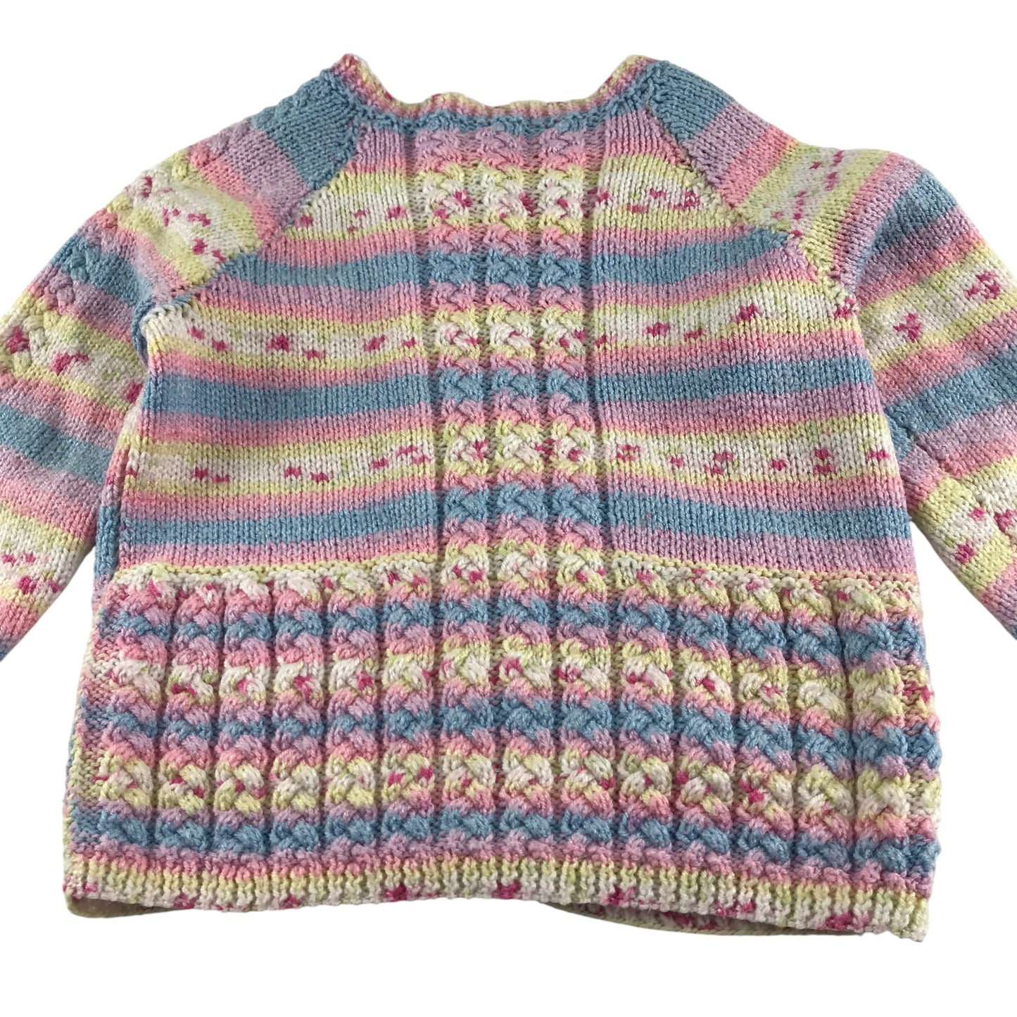 Handknitted cardigan 7-8 years yellow pink and blue stripy patterned