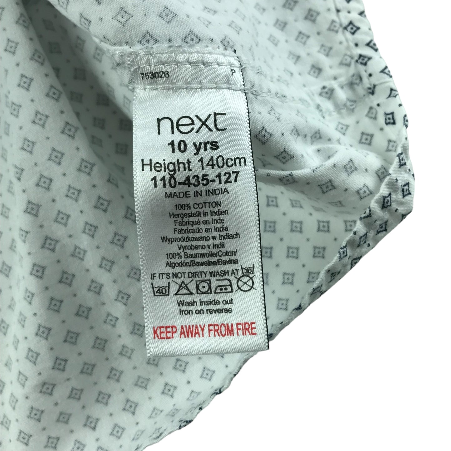 Next Shirt Age 10 White Diamond Pattern Short Sleeve Button Up Cotton