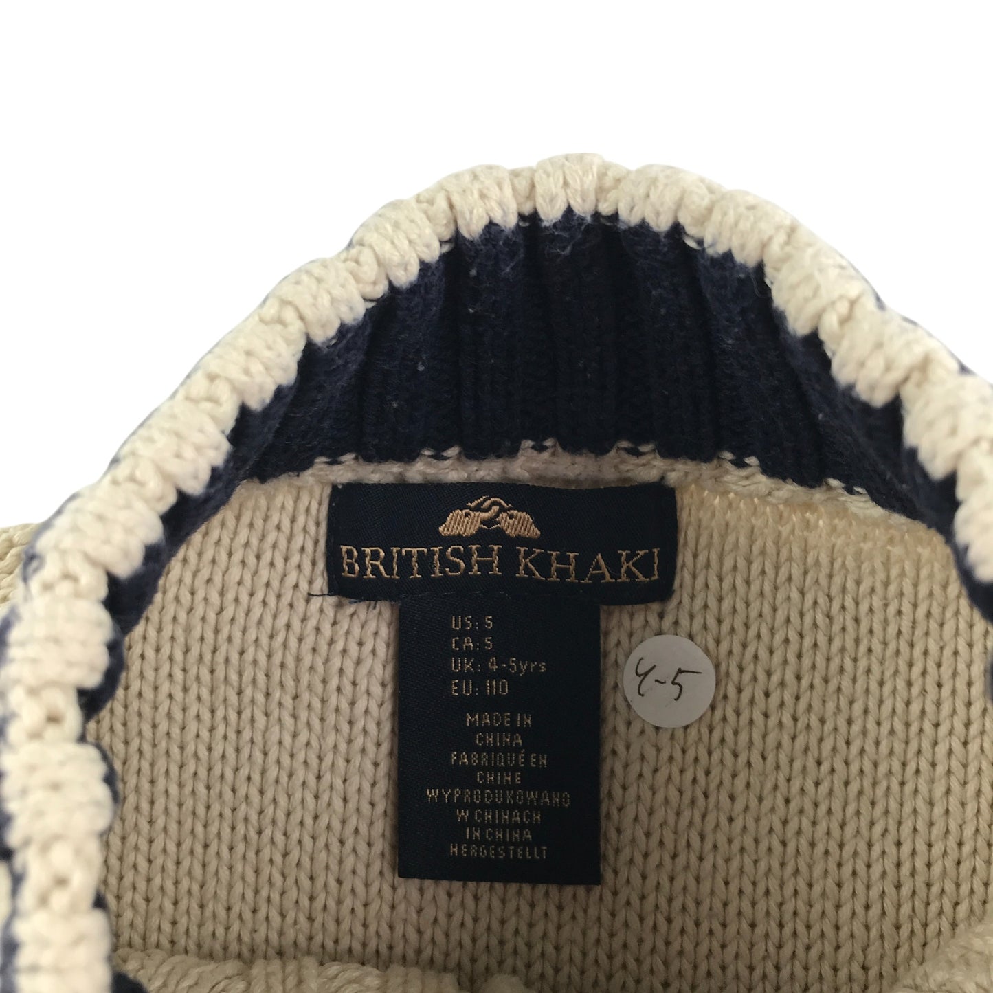 British Khaki jumper 4-5 years light sand colour cable knit collared cotton