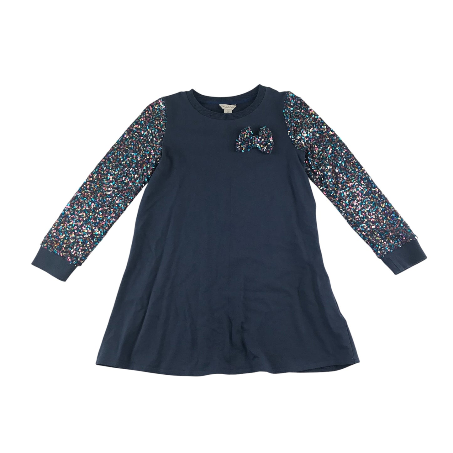 Monsoon dress 9-10 years navy with sequin arms and bowtie detail jersey cotton