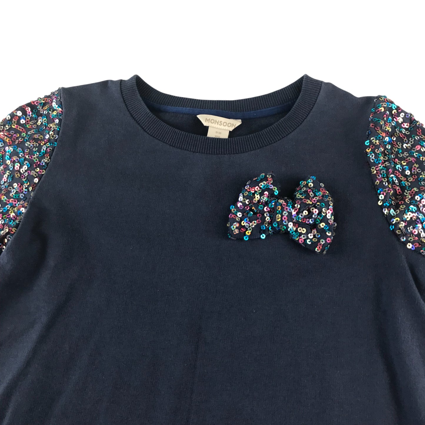 Monsoon dress 9-10 years navy with sequin arms and bowtie detail jersey cotton