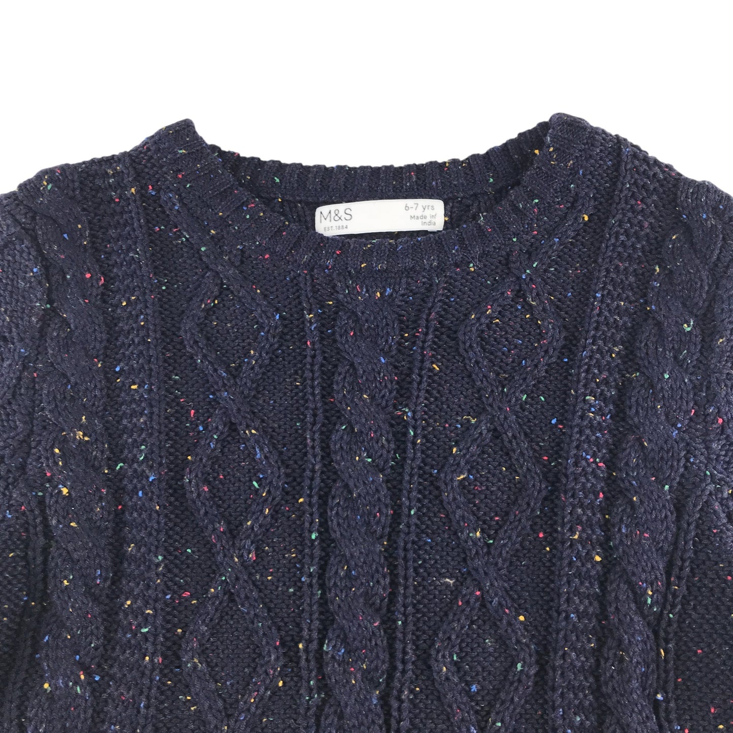 M&S jumper 6-7 years navy cable knit design with multi-coloured threading