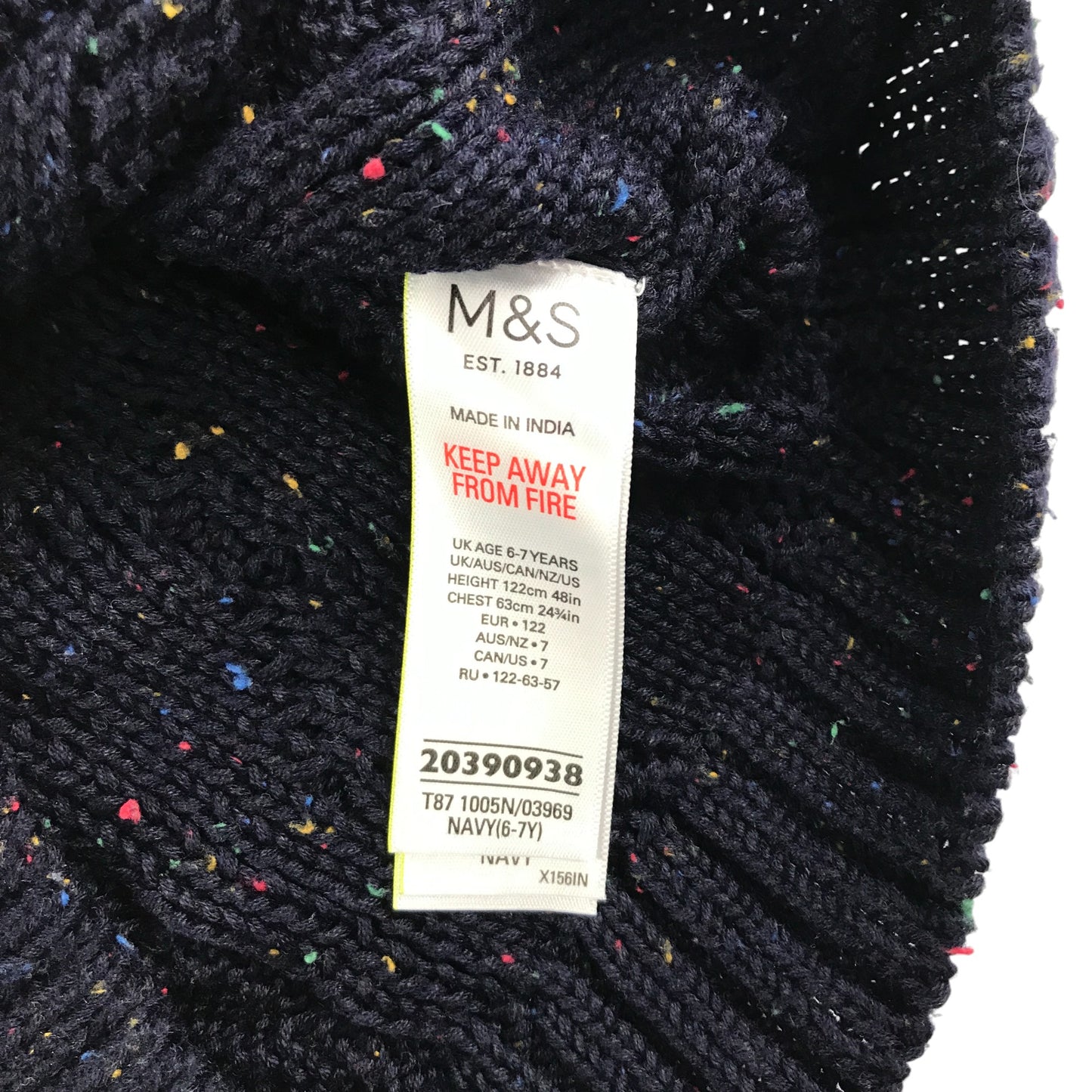 M&S jumper 6-7 years navy cable knit design with multi-coloured threading