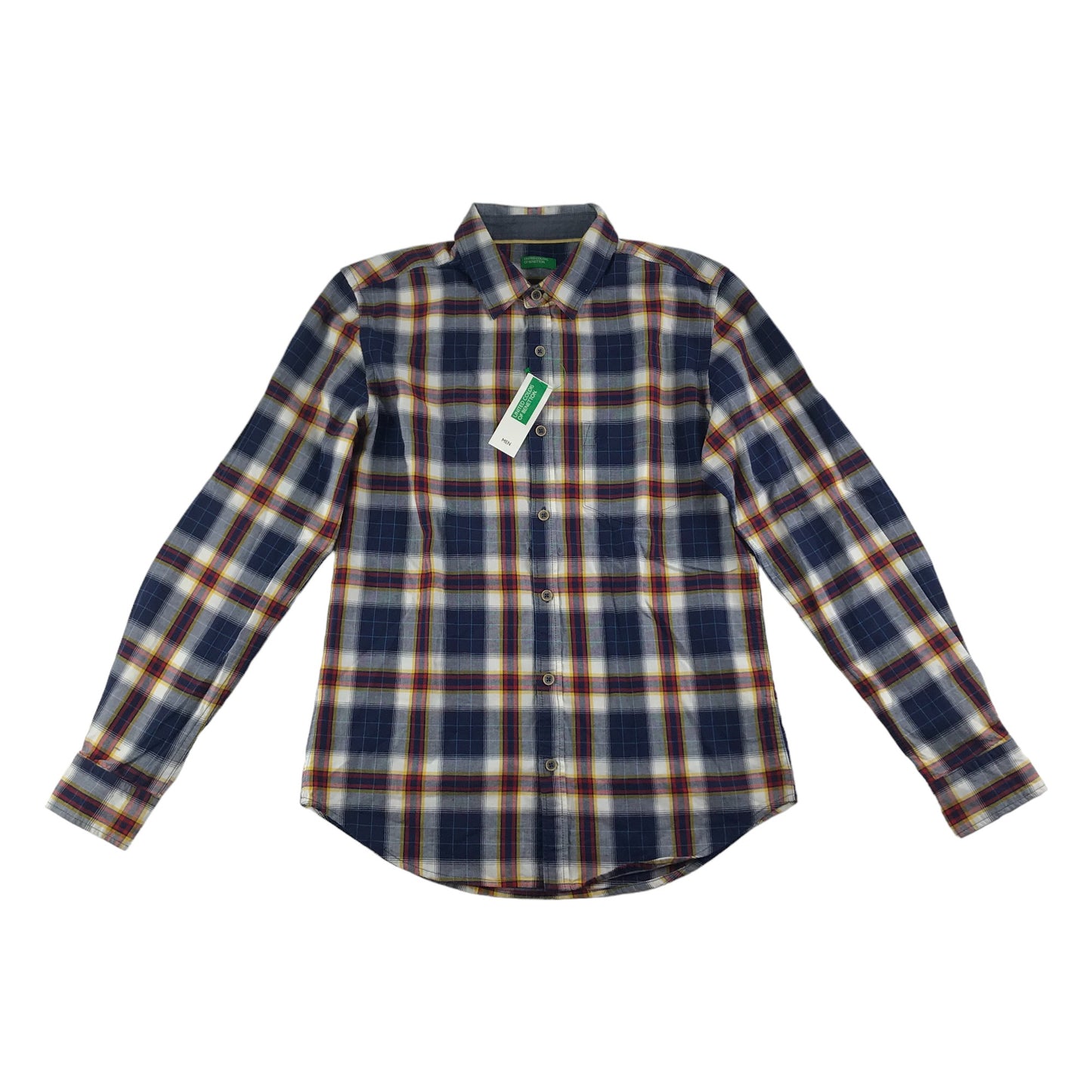 Benetton Shirt Size S Navy Burgundy Checked Long Sleeve Button Up