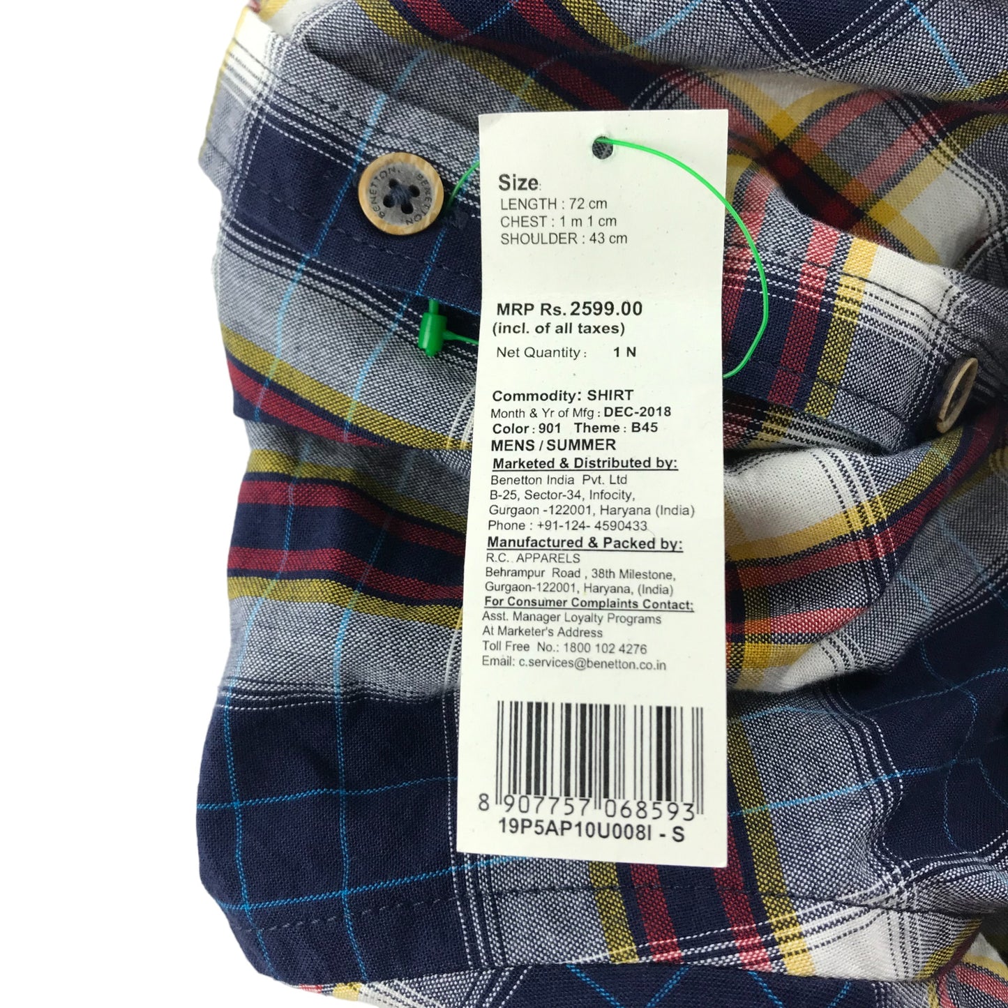 Benetton Shirt Size S Navy Burgundy Checked Long Sleeve Button Up