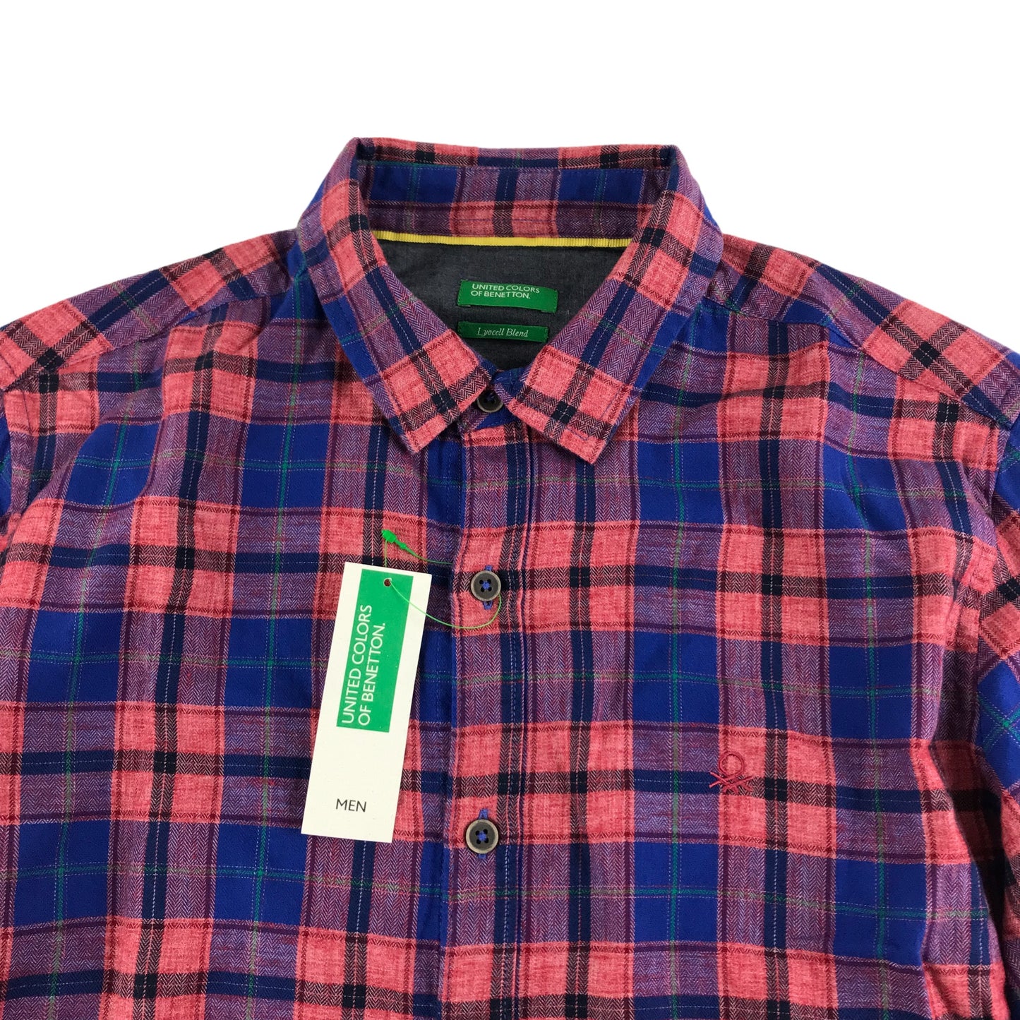 Benetton Shirt Size S Blue Red Checked Long Sleeve Button Up