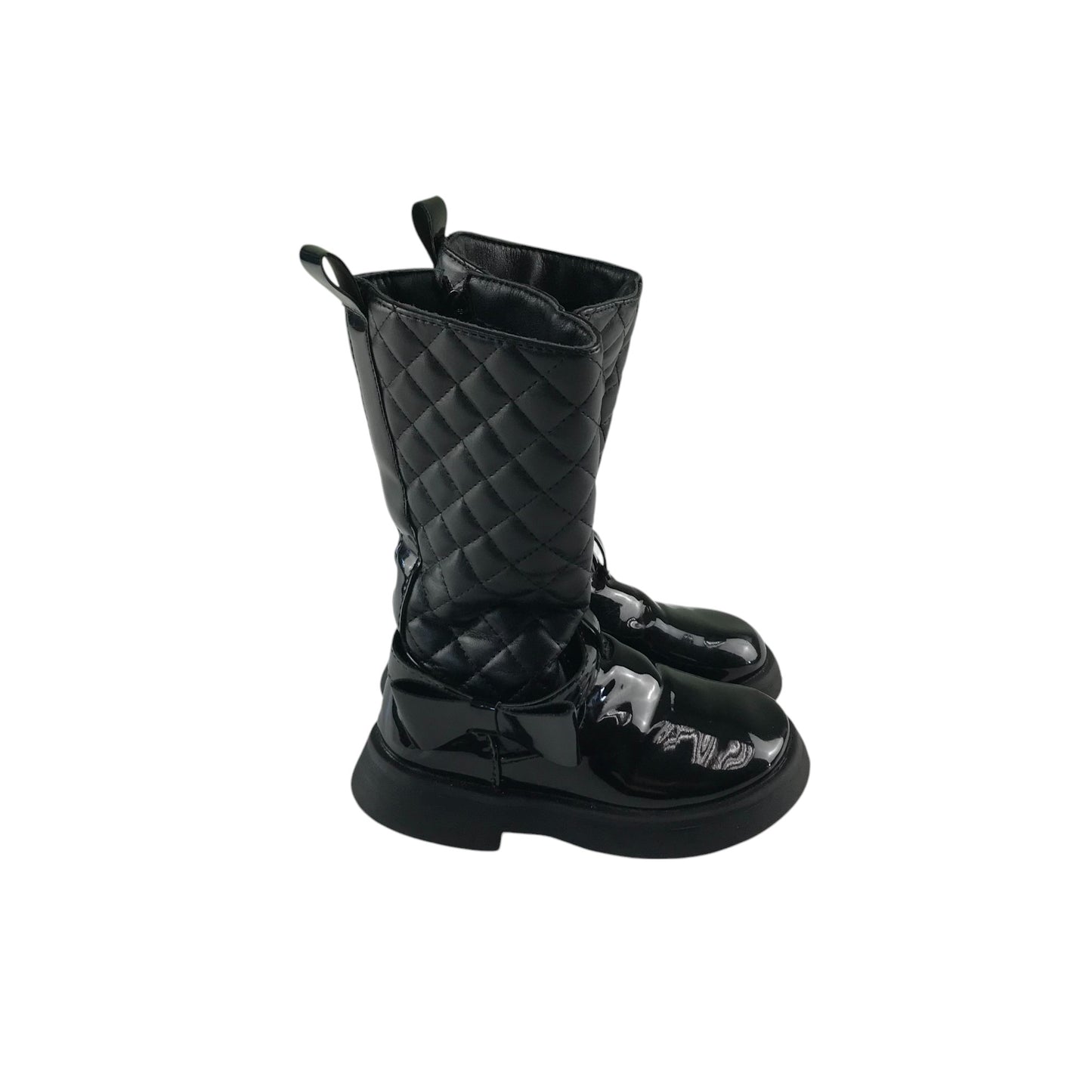 Boots shoe size 9 kids black glossy quilted faux leather calf height