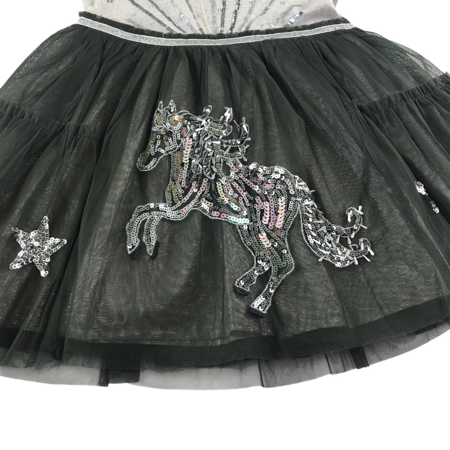 Monsoon dress 9-10 years grey sequin top detailing and tulle skirt sequin horse design