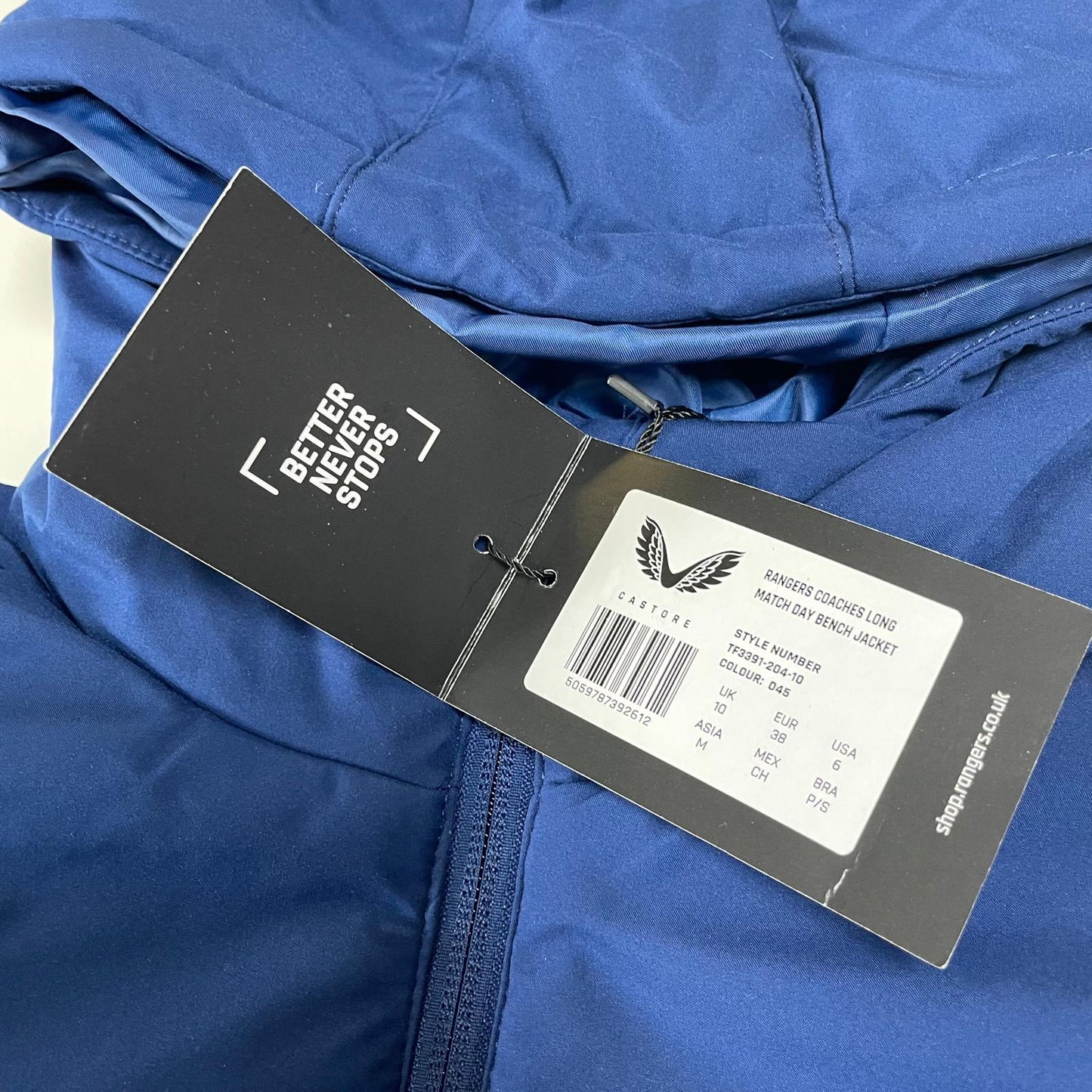 Castore Rangers FC Players Long Match Day Bench jacket women's size UK 10 blue and white parka
