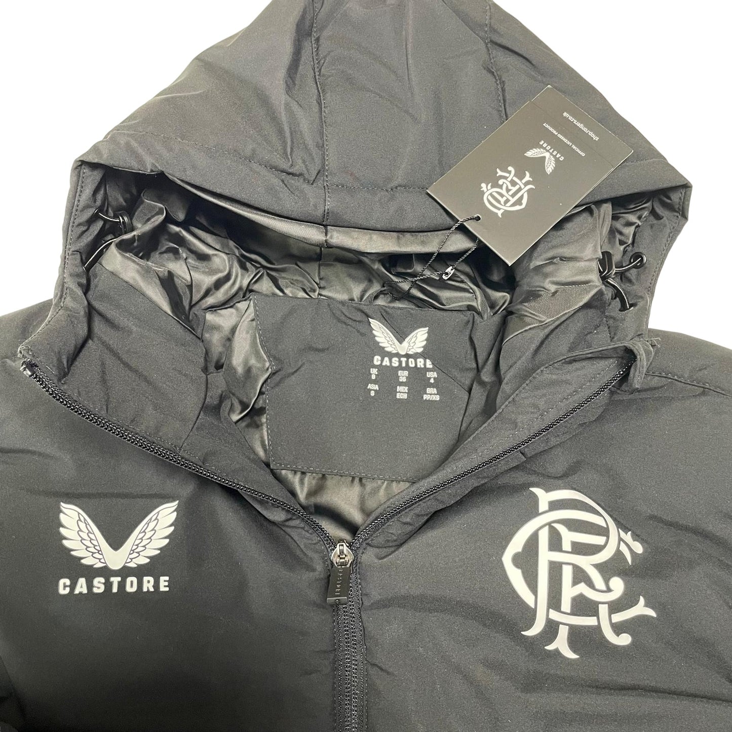 Castore Rangers FC Coaches Long Training Bench Jacket women's size black and blue parka