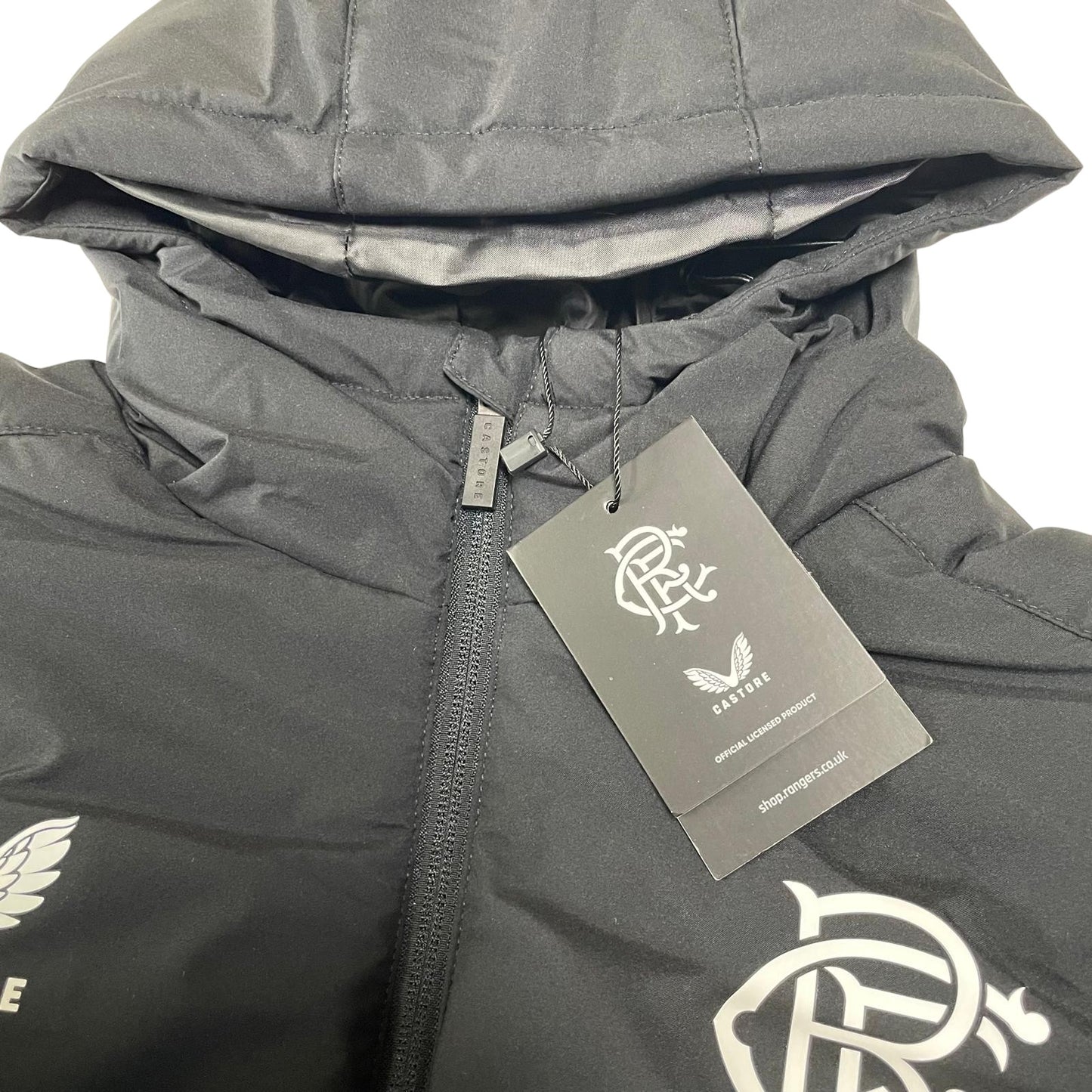 Castore Rangers FC Coaches Long Training Bench Jacket women's size black and blue parka