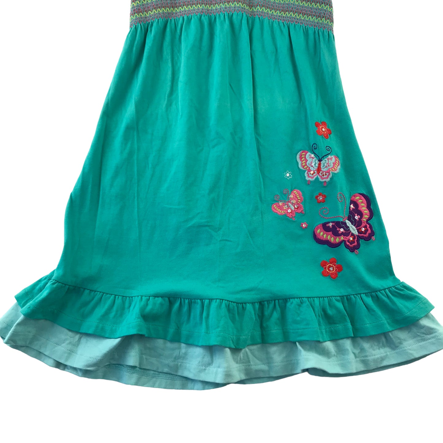 Debenhams Dress Age 8 Turquoise Floral and Butterfly Embroidery Cotton