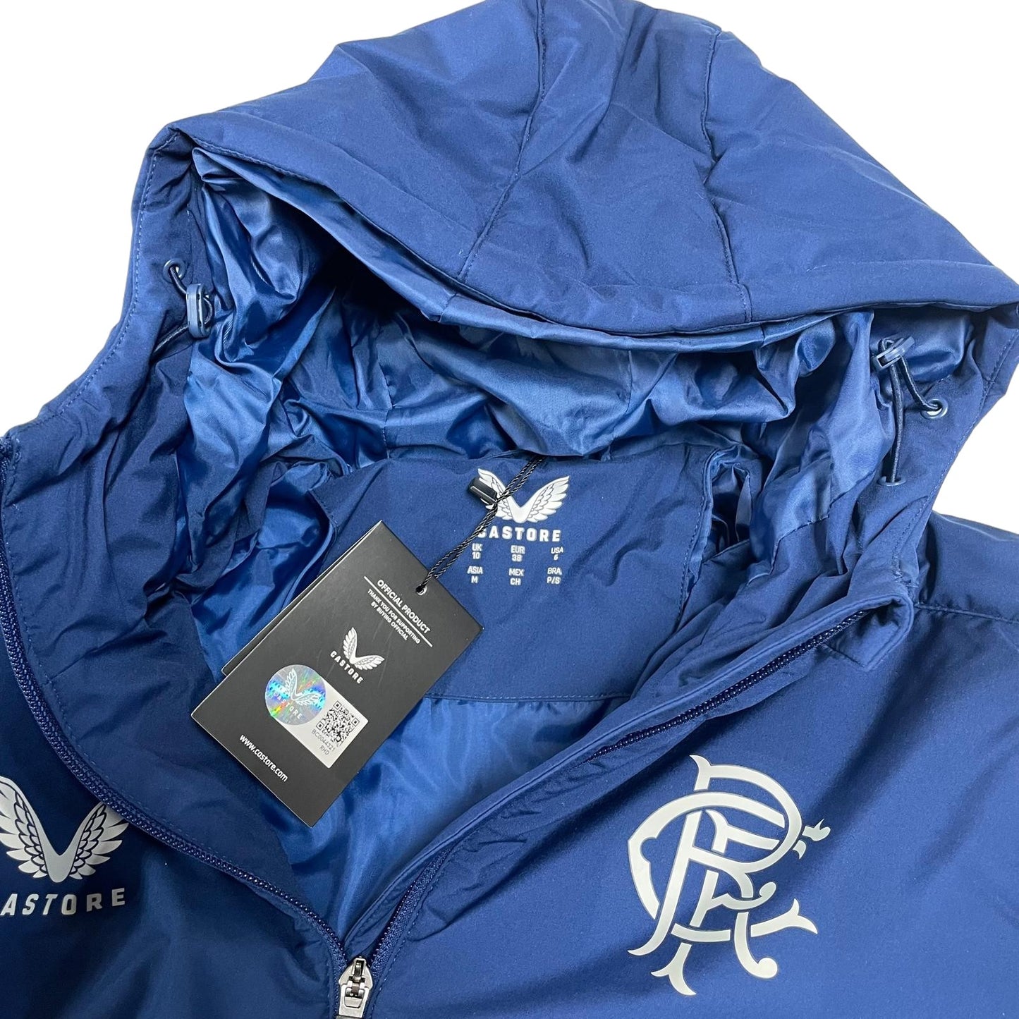 Castore Rangers FC Players Long Match Day Bench jacket women's size UK 10 blue and white parka