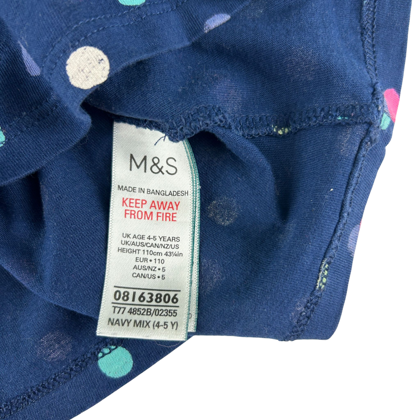 M&S Pyjama Set 4-5 Years Navy Polka Dot Print Cotton