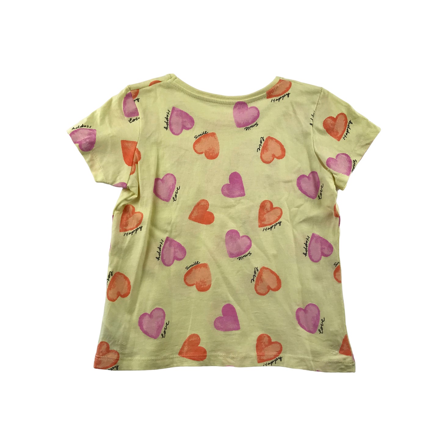 Primark t-shirt 7-8 years yellow love heart print short sleeve cotton