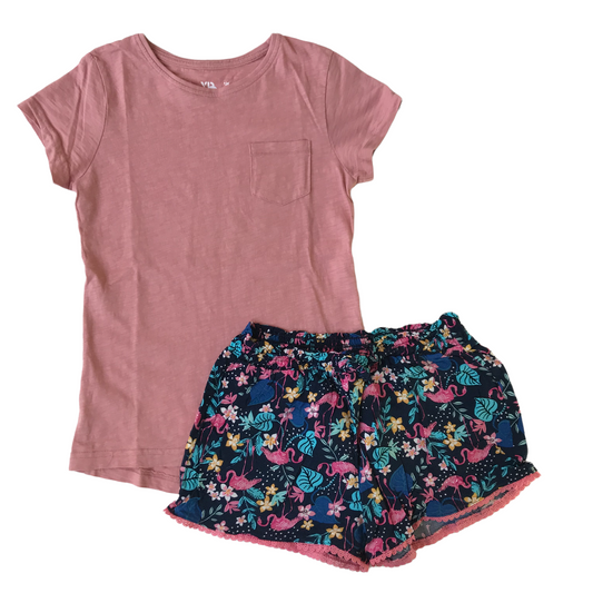 YD Vintage Pink T-shirt and Primark Navy Floral Flamingo Shorts Bundle Age 8