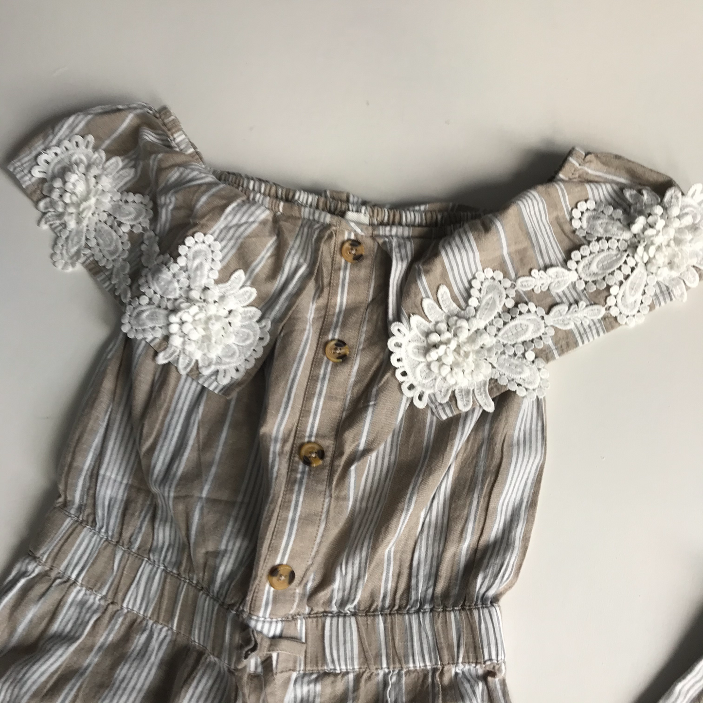 Jumpsuit - Stripy with Lace Frill Neckline - Age 10