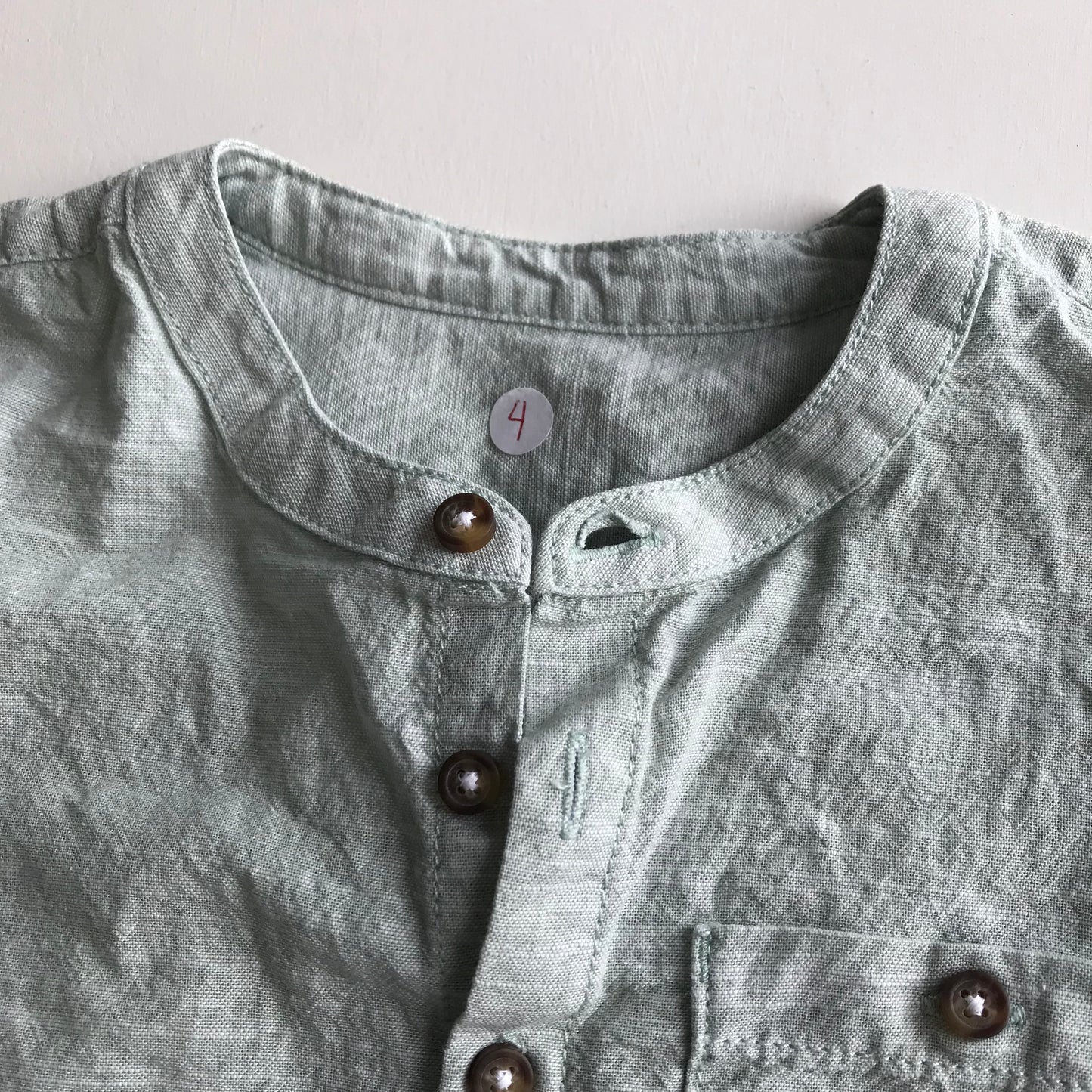 Collarless Light Green Short Sleeve Shirt Age 4