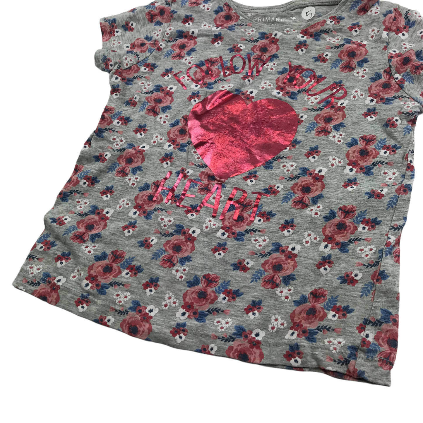 Primark Grey Floral Love Heart T-shirt Age 5