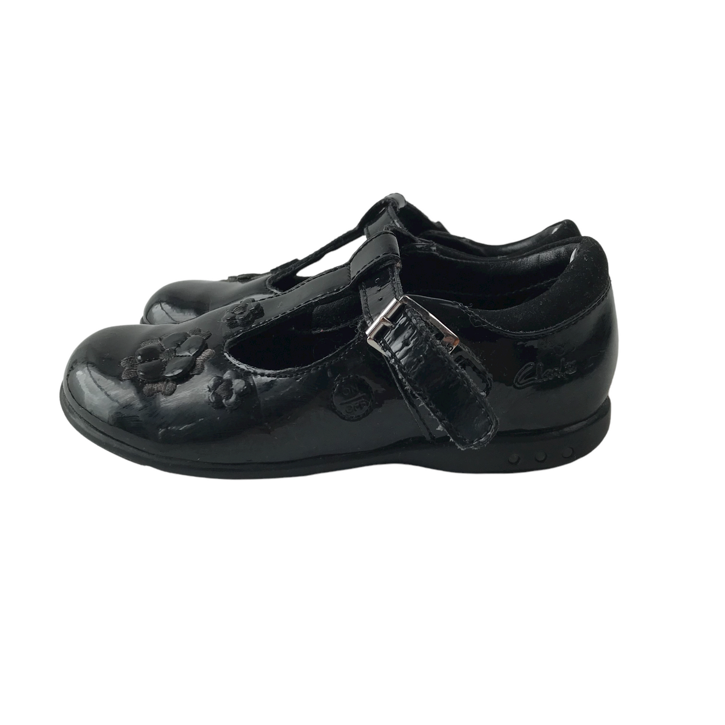 Clarks Black School Pumps with Flower Details and T-bar Shoe Size 7.5 (jr)