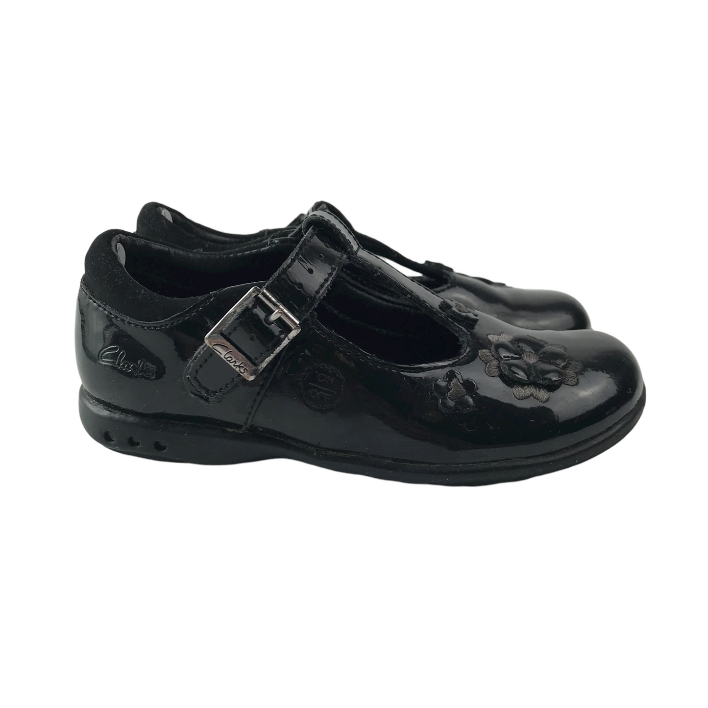 Clarks Black School Pumps with Flower Details and T-bar Shoe Size 7.5 (jr)