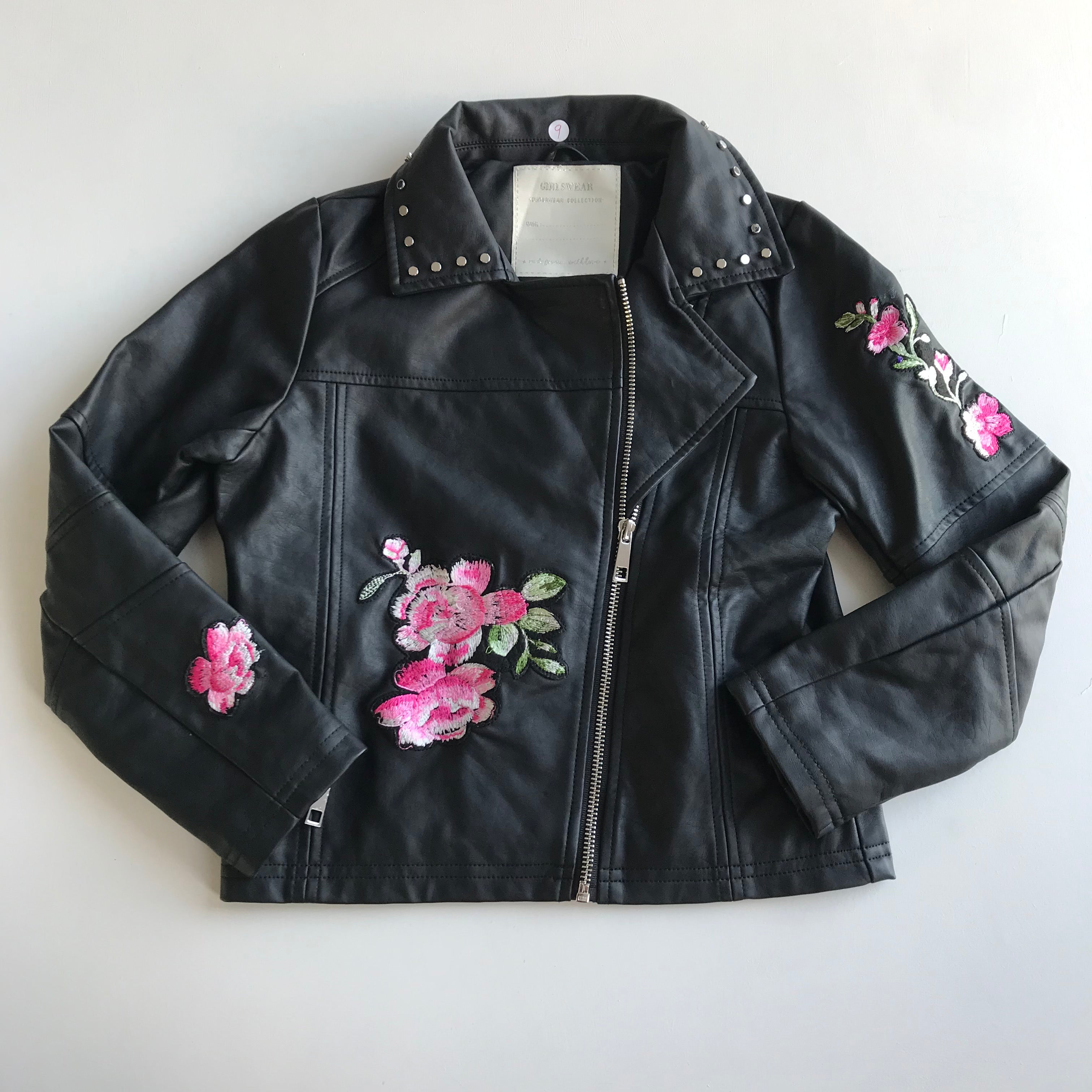Floral Embroidered Rose Embroidered Leather Jacket Faux Leather