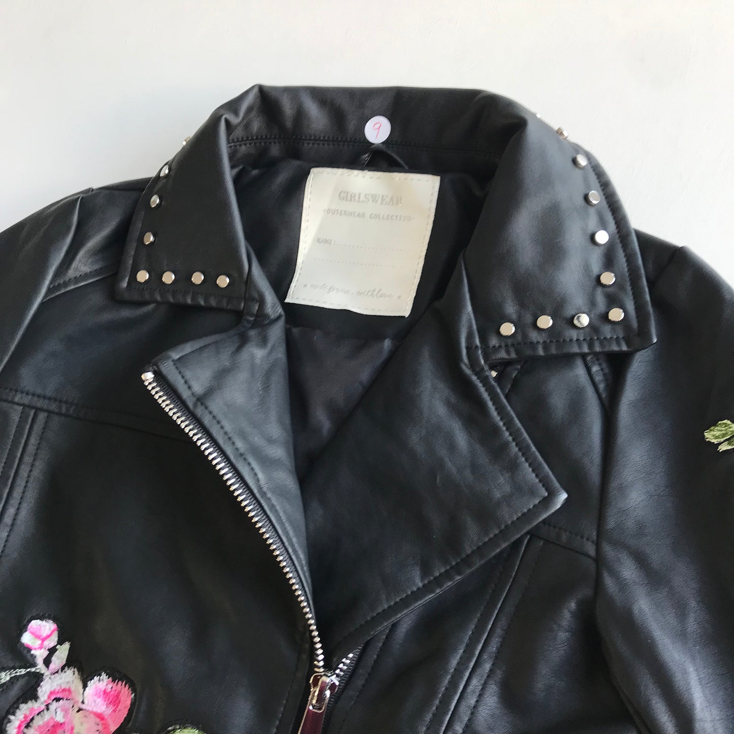 Faux Leather Biker Jacket with Floral Embroidery Age 9