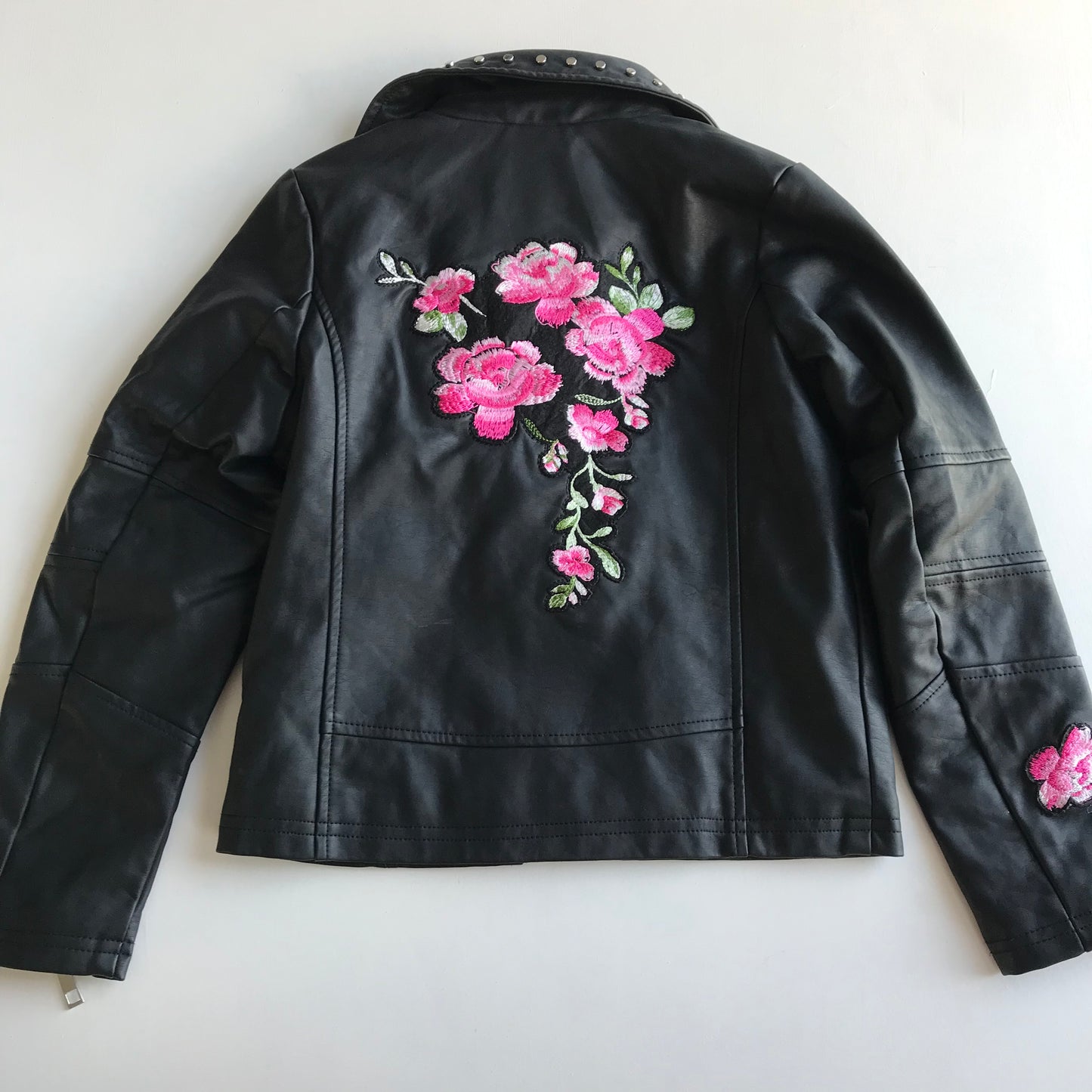 Faux Leather Biker Jacket with Floral Embroidery Age 9