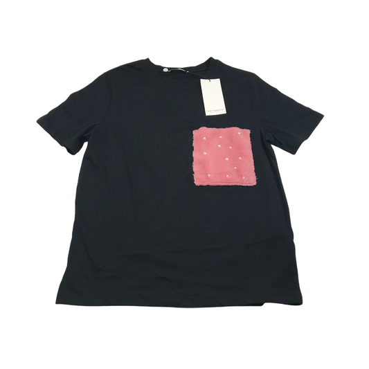 Zara Black T-shirt with Fluffy Pink Pocket with Faux Pearl Details Women's Size S