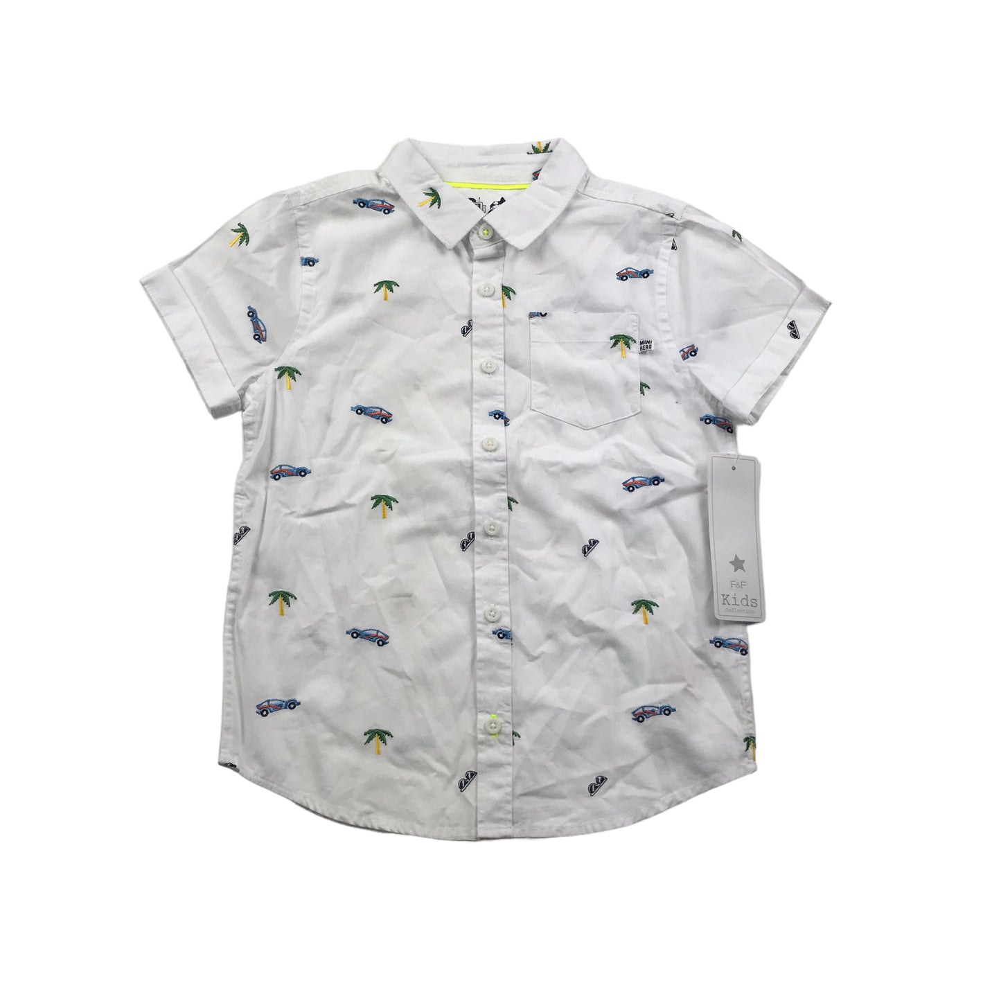 F&F White Car and Palm Trees Embroidery Short Sleeve Shirt Age 5