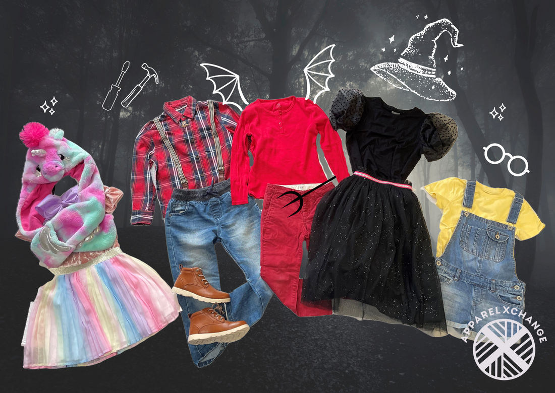 Preloved Halloween costumes for kids, unicorn, lumberjack, devil, witch and minion