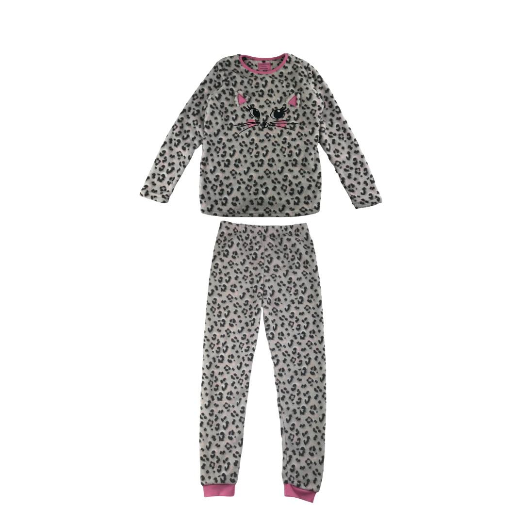 Primark Pyjama Set Age 11 Grey Leopard Print Pattern Long Sleeve Fleece