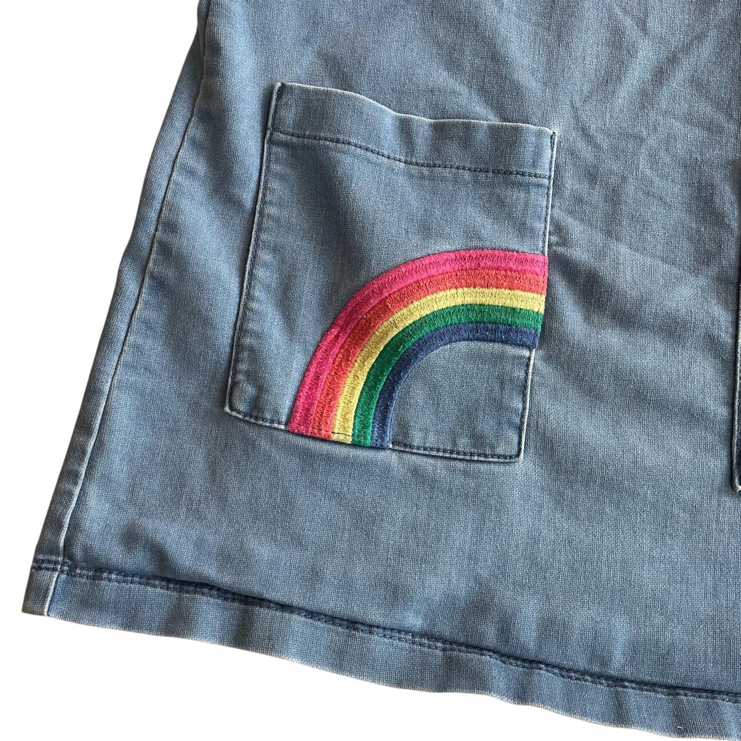 Nutmeg dress 8-9 years blue denim pinafore style with rainbow pocket