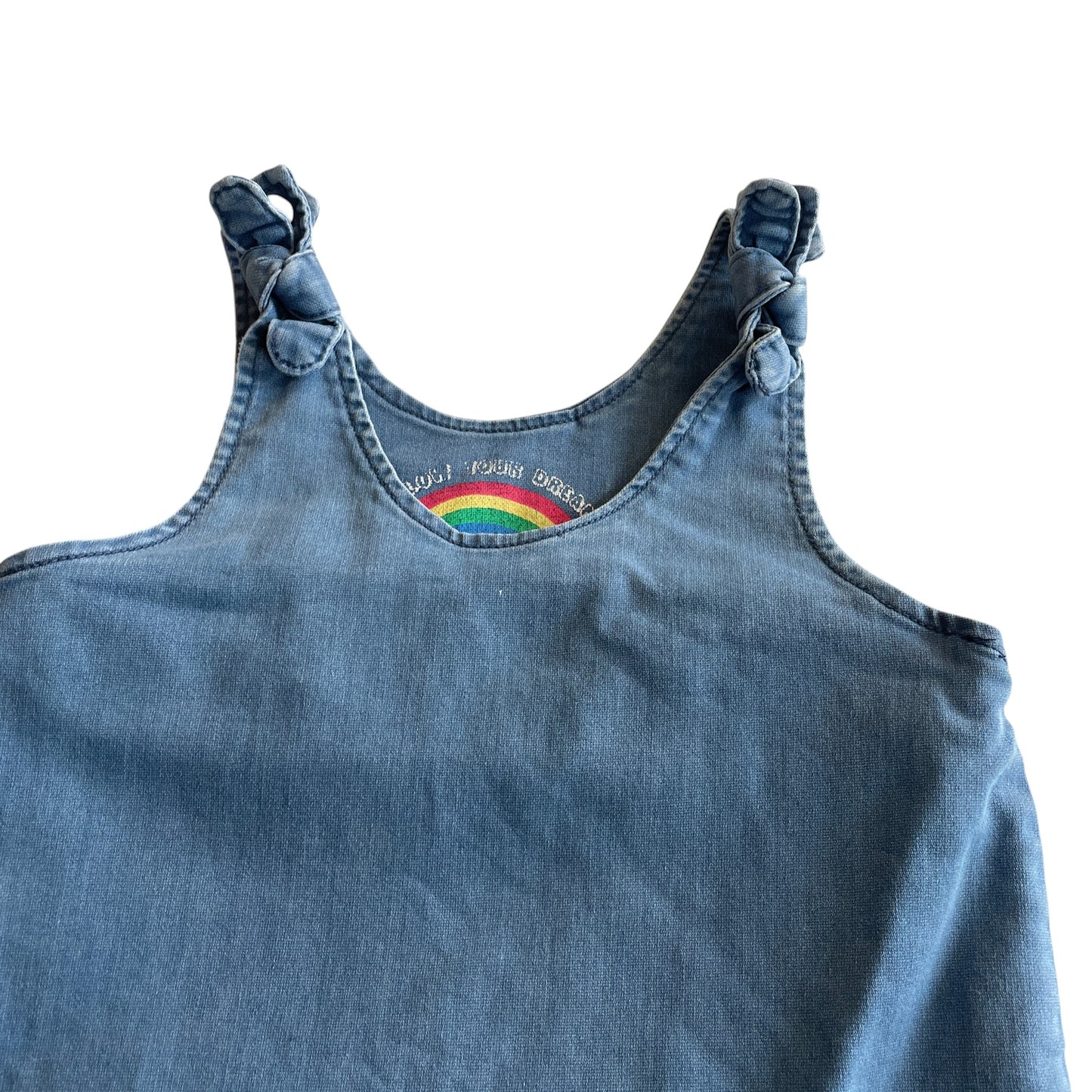 Nutmeg dress 8-9 years blue denim pinafore style with rainbow pocket